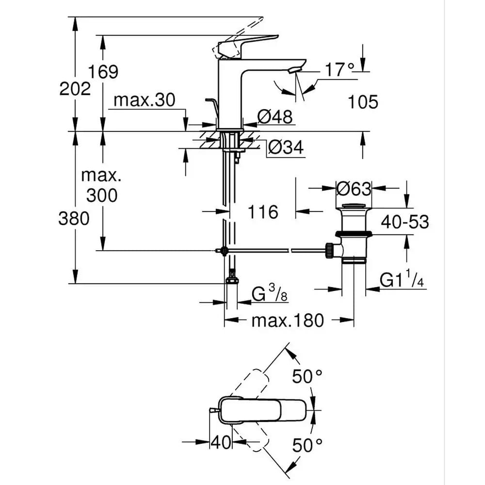 Змішувач для умивальника GROHE CUBEO 1017492430 чорний матовий, одноважільний М-Size, pop-up