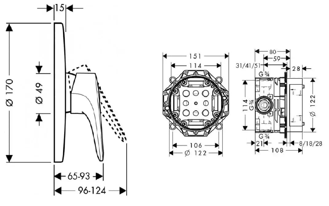 Змішувач для душу прихованого монтажу HANSGROHE SHOWER SELECT 14675090+01800180 IBOX universal, хром