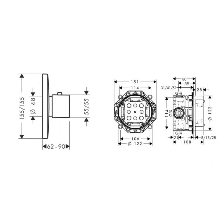 Змішувач для ванни прихованого монтажу HANSGROHE SHOWER SELECT 15772400+01800180 термостат, IBOX universal, хром