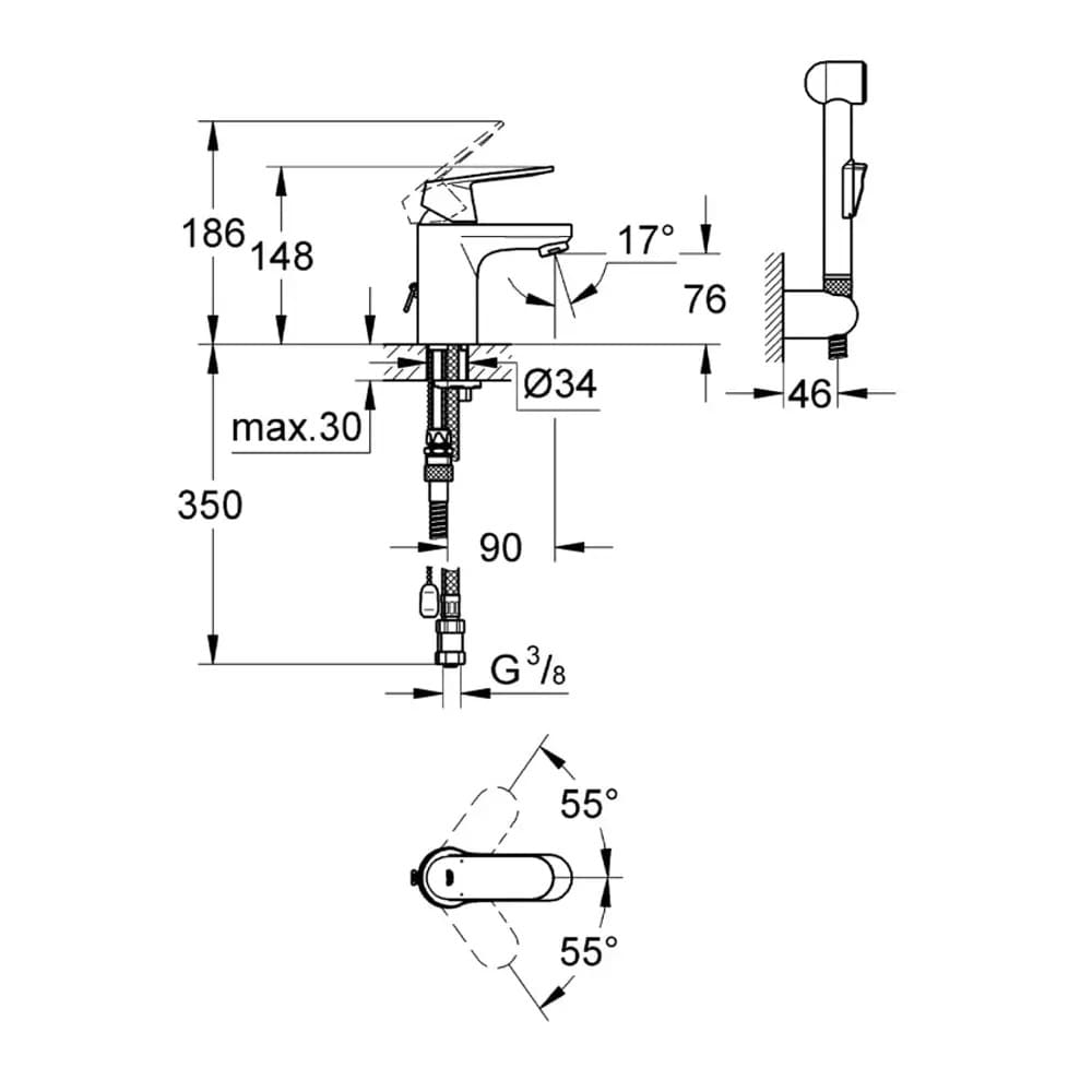 Змішувач для умивальника GROHE EUROSMART COSMOPOLITAN 23125000 хром, одноважільний з гігієнічним душем
