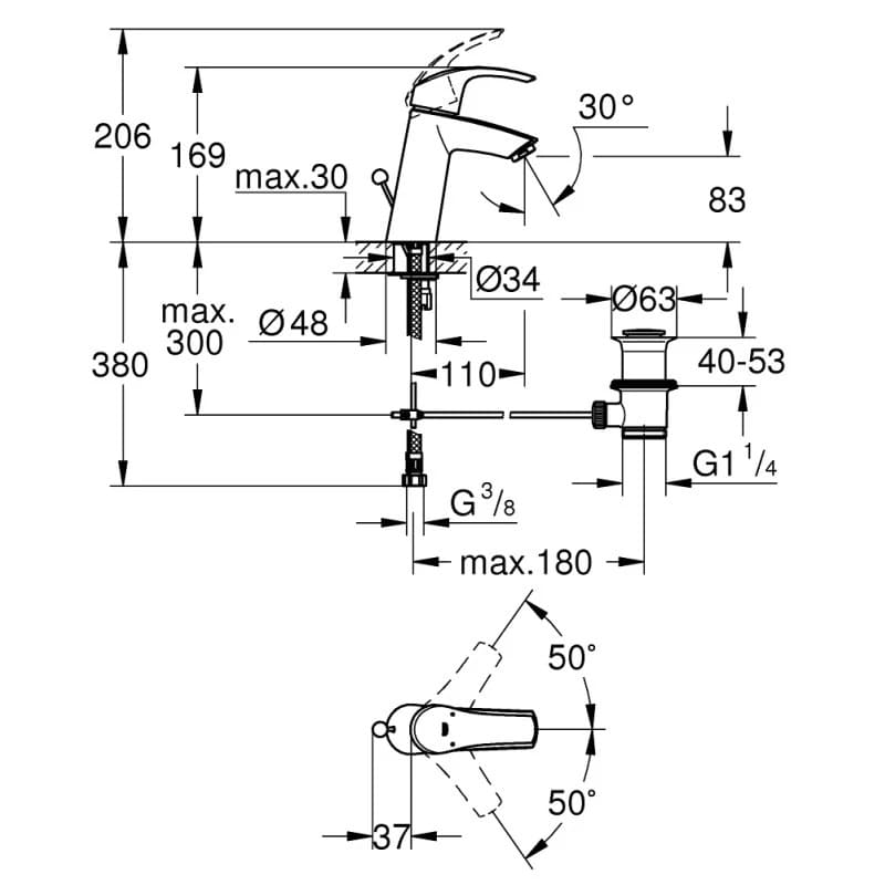Змішувач для умивальника GROHE EUROSMART 23322001 хром, одноважiльний