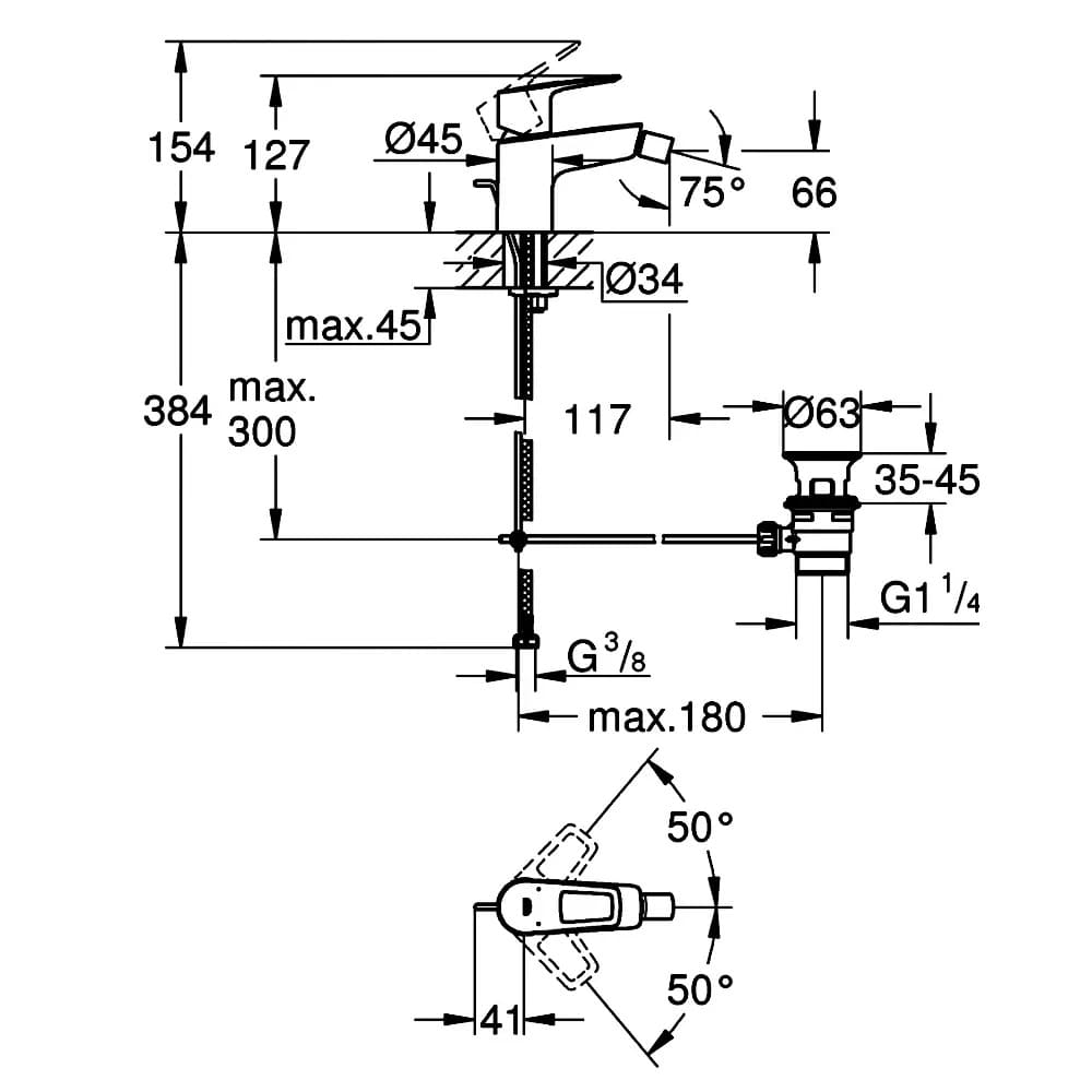 Змішувач для біде GROHE BAULOOP 23338001 з донним клапаном, хром