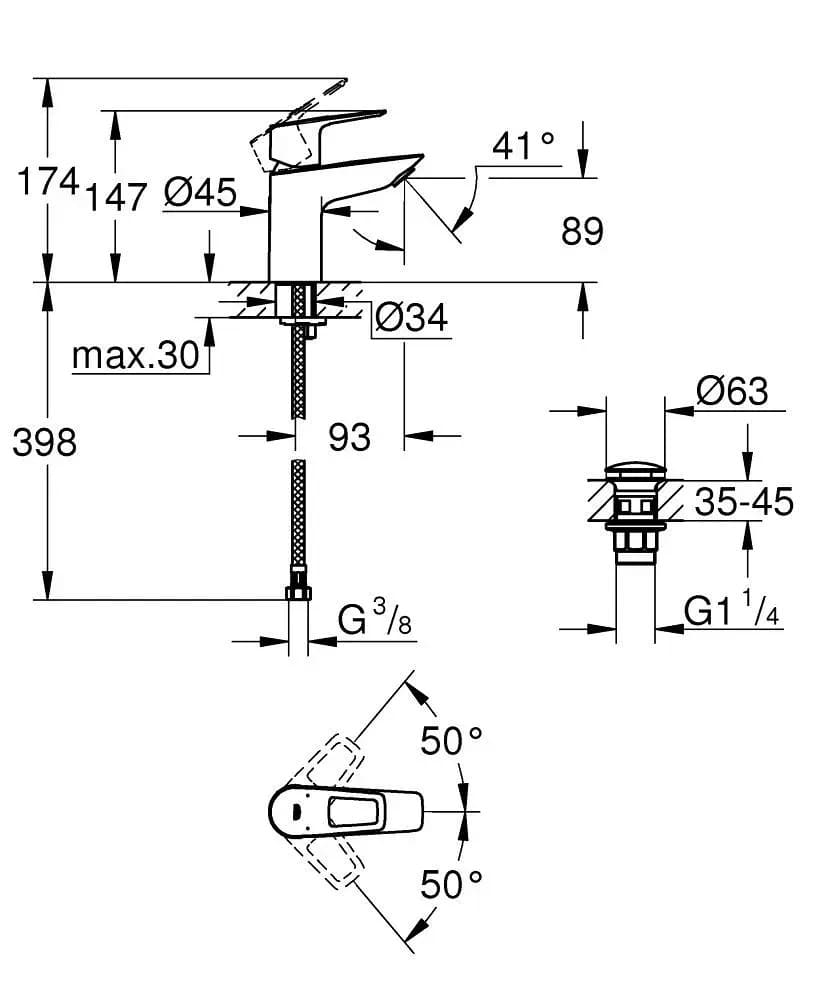 Змішувач для умивальника GROHE BAULOOP 23878001 хром, одноважільний, S-size, Push Open