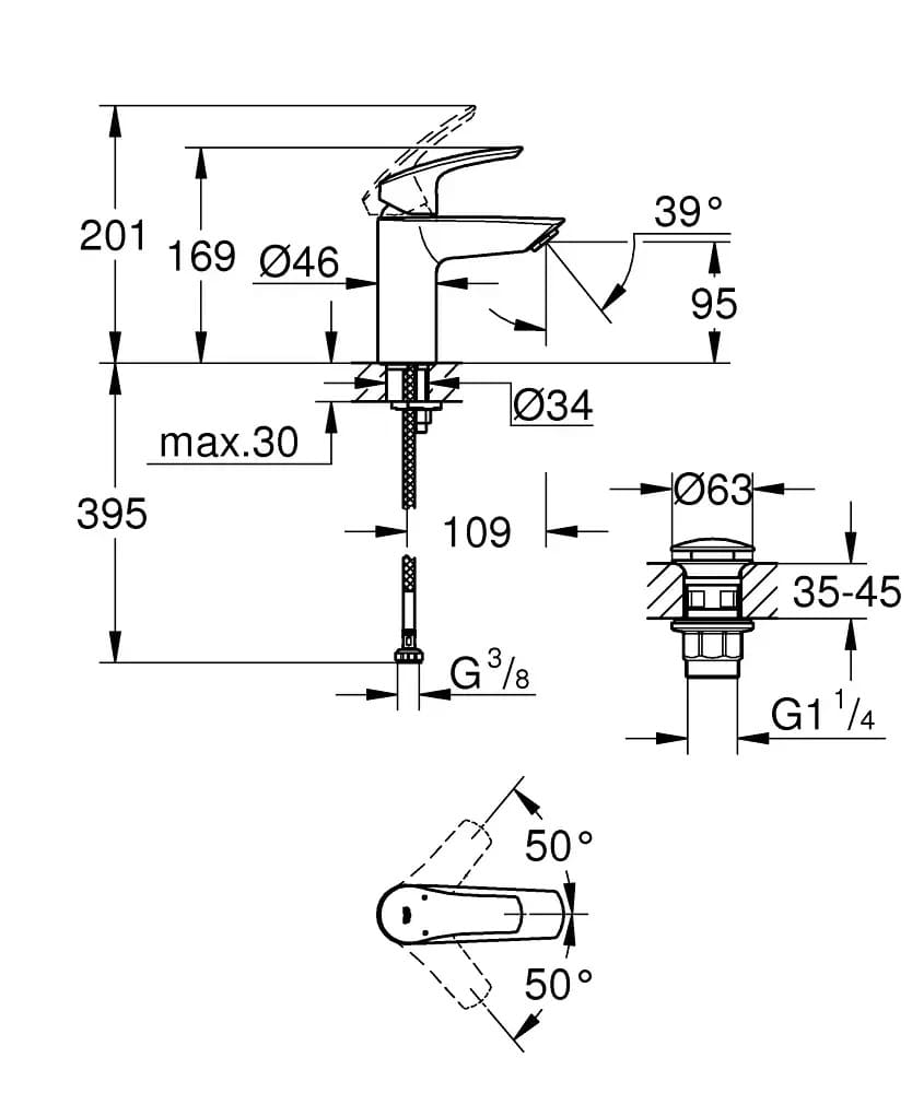 Змішувач для умивальника GROHE EUROSMART 23922003 хром, одноважільний, Click, S
