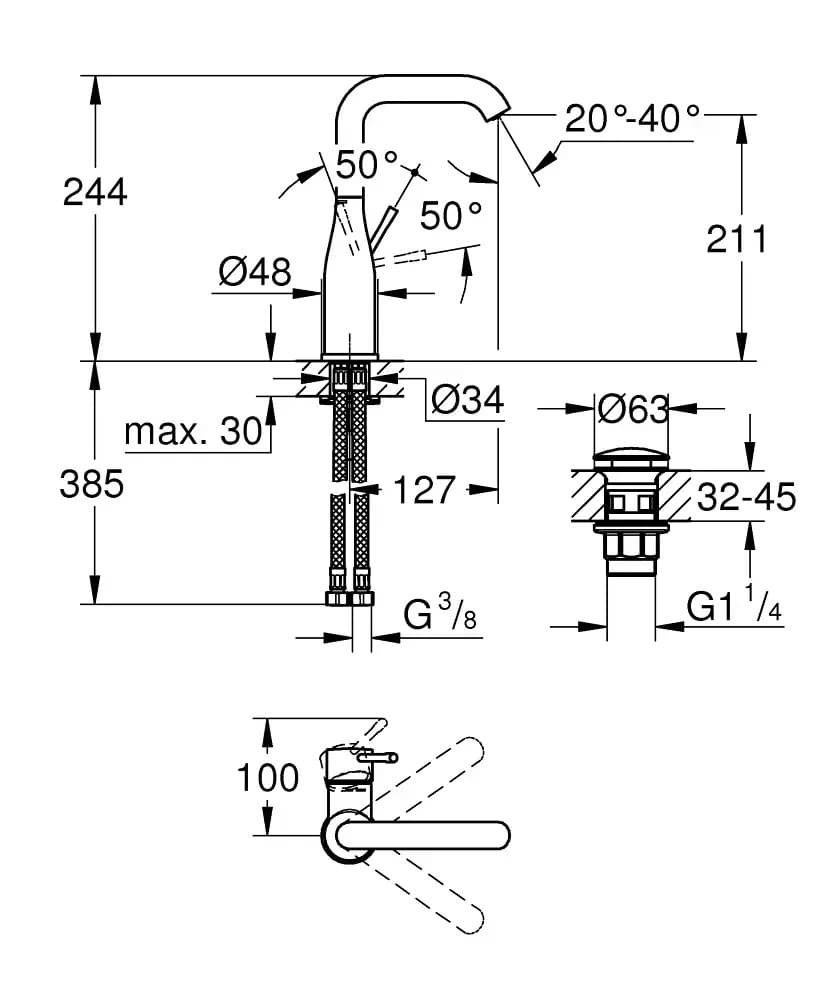 Змішувач для умивальника GROHE ESSENCE NEW 24182001 хром, одноважільний, Click
