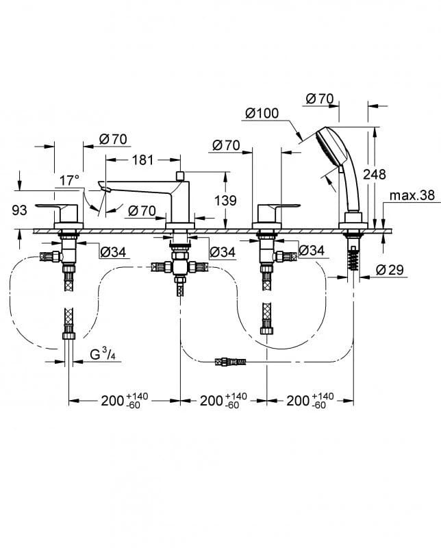 Змішувач для ванни на борт GROHE BAULOOP 2511900A на 4 отвори, хром