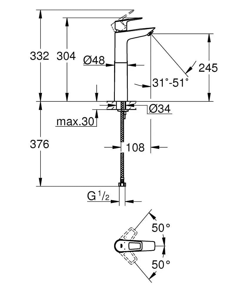 Змішувач для умивальника GROHE BAULOOP 32856001 хром, одноважільний