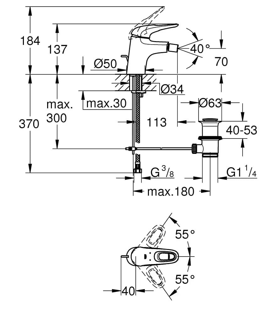 Змішувач для біде GROHE EUROSTYLE 33565003 з донним клапаном, хром