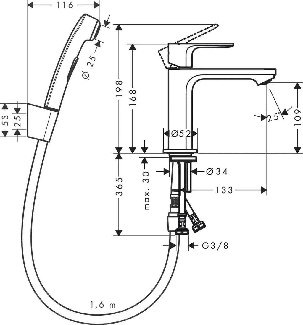 Змішувач для умивальника HANSGROHE REBRIS S 72215670, з гігієнічною лійкою, чорний матовий