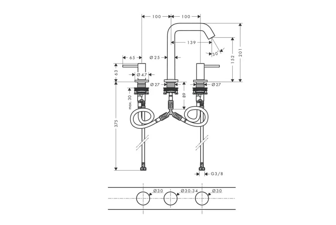 Змішувач для умивальника HANSGROHE TECTURIS S 73330670 на 3 отвори, зі зливним гарнітуром, колір чорний матовий