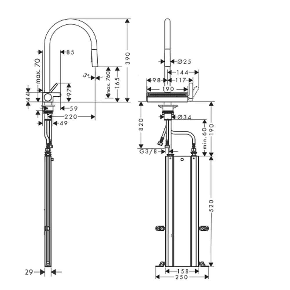 Змішувач для кухні HANSGROHE AQUNO SELECT 73831800 одноважільний, 3jet, з висувним виливом, sBox, сталевий