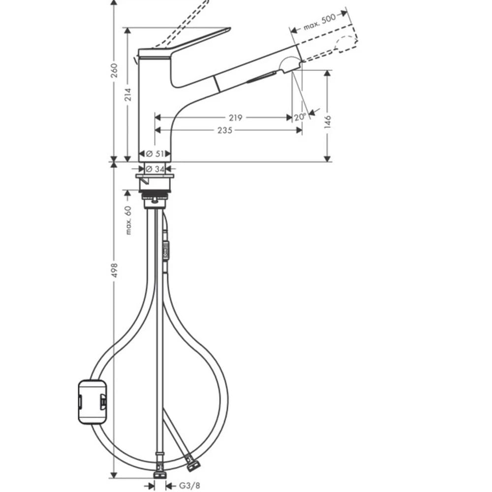 Змішувач для кухні HANSGROHE ZESIS 74800000 2jet, з висувним виливом, хром