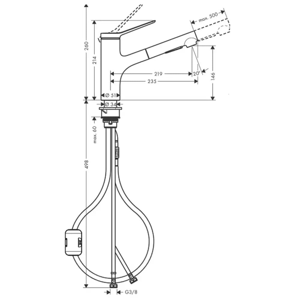 Змішувач для кухні HANSGROHE ZESIS 74800670 2jet, з висувним виливом, чорний