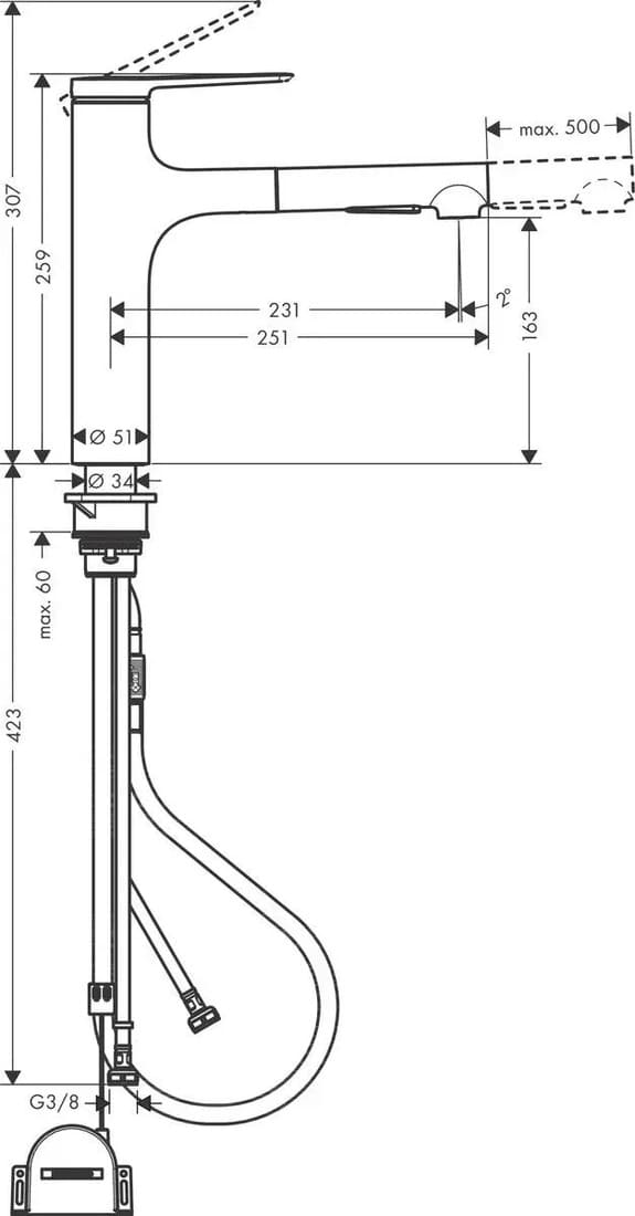 Змішувач для кухні HANSGROHE ZESIS 74804000 2jet, з висувним виливом, Sbox lite, хром