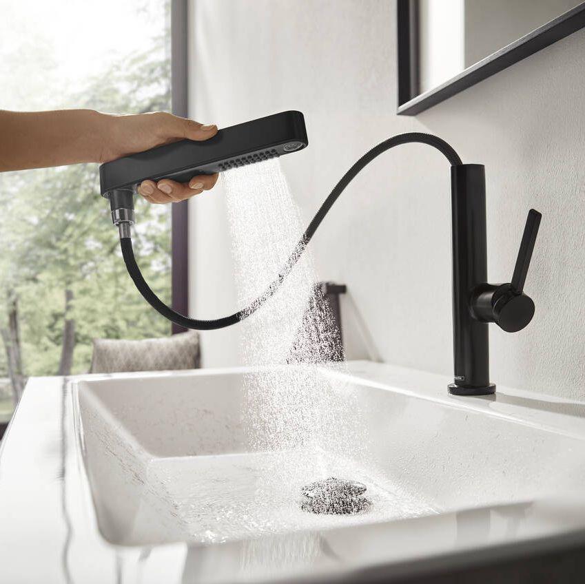 Змішувач для умивальника з висувним виливом (2 струї) HANSGROHE FINORIS 76063670 чорний матовий