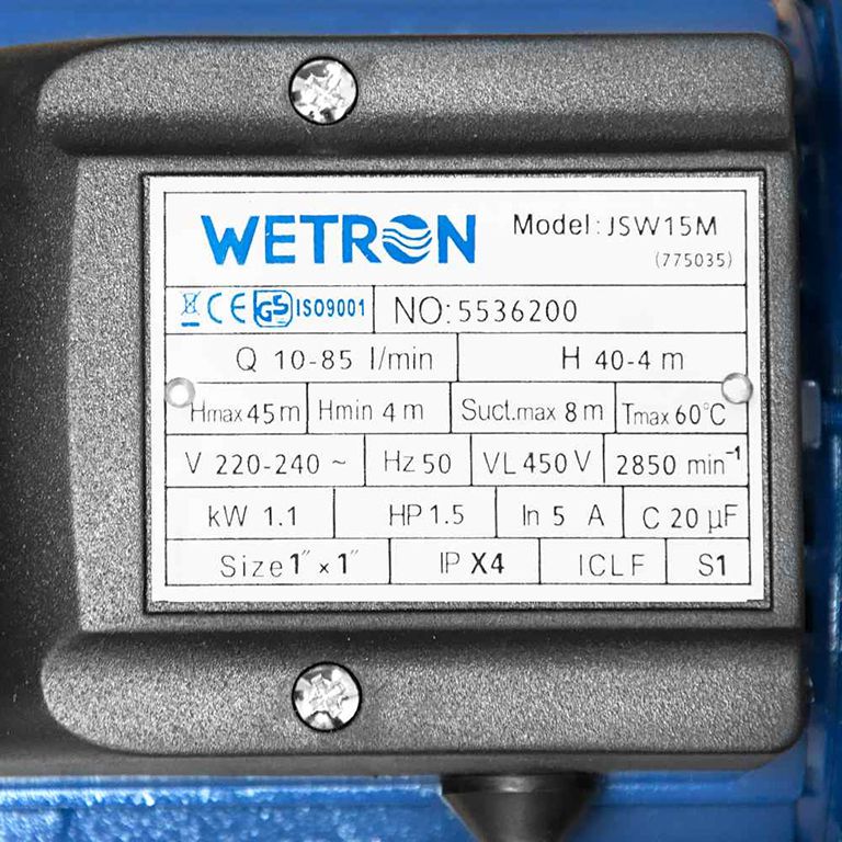Насос відцентровий самовсмоктуючий 1.1кВт Hmax 45м Qmax 85л/хв Wetron JSW15M (775035)