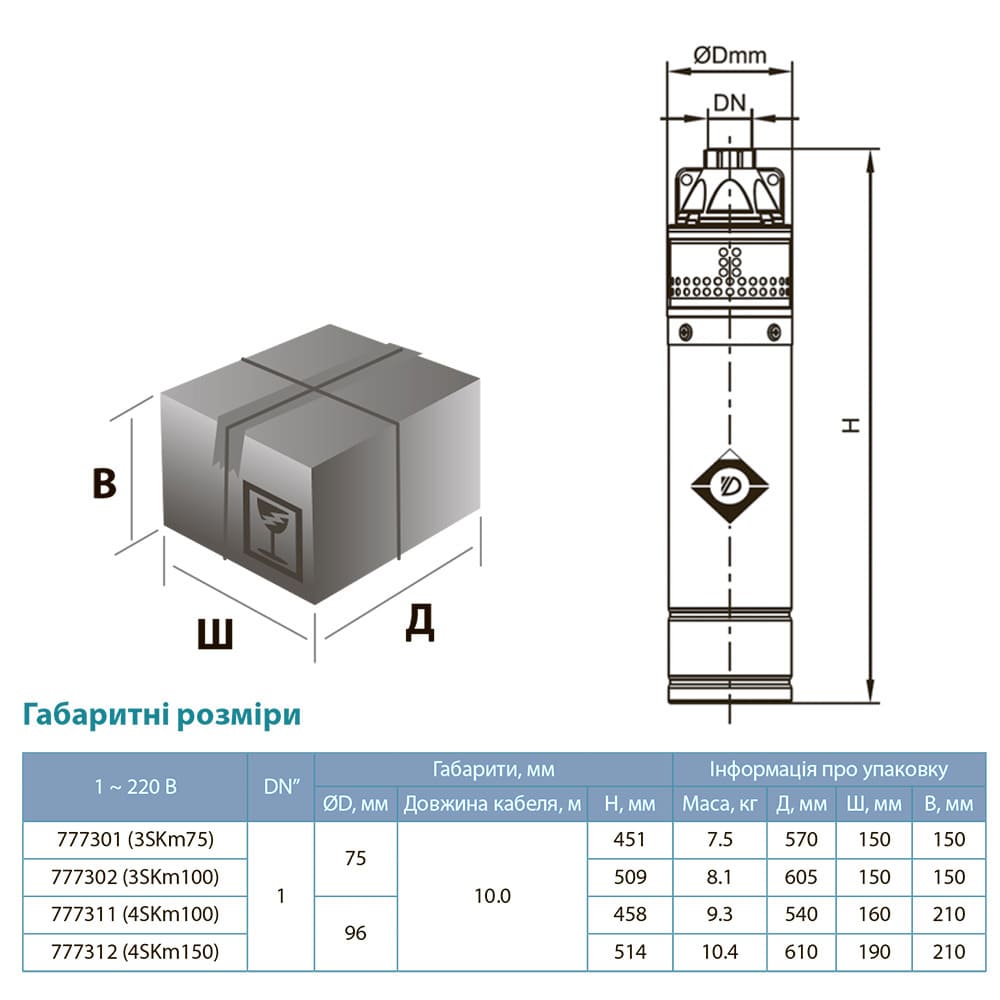 Насос Dongyin 777302 вихровий 0.75кВт H 54(30)м Q 40(20)л/хв Ø75мм (3SKm100)