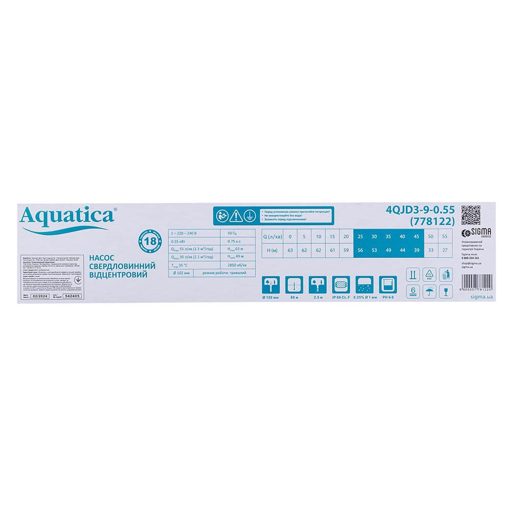 Насос Aquatica 778125 Відцентровий 1.1кВт H 127(98)м Q 55(35)л/хв Ø102мм (4QJD3-18-1.1)