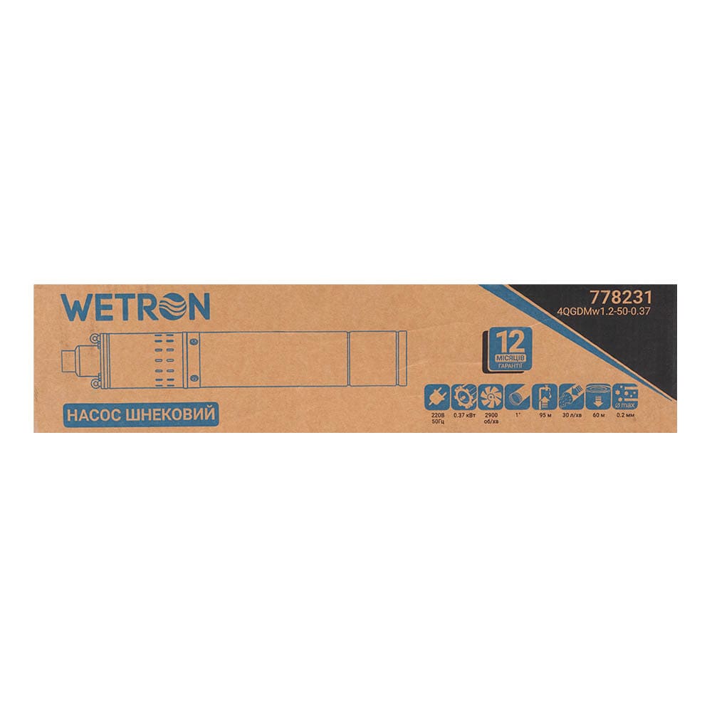 Насос шнековий 0.5кВт H 107(34)м Q 40(30)л/хв Ø96мм 10м кабелю WETRON 4QGDMw1.8-50-0.5 (778232)