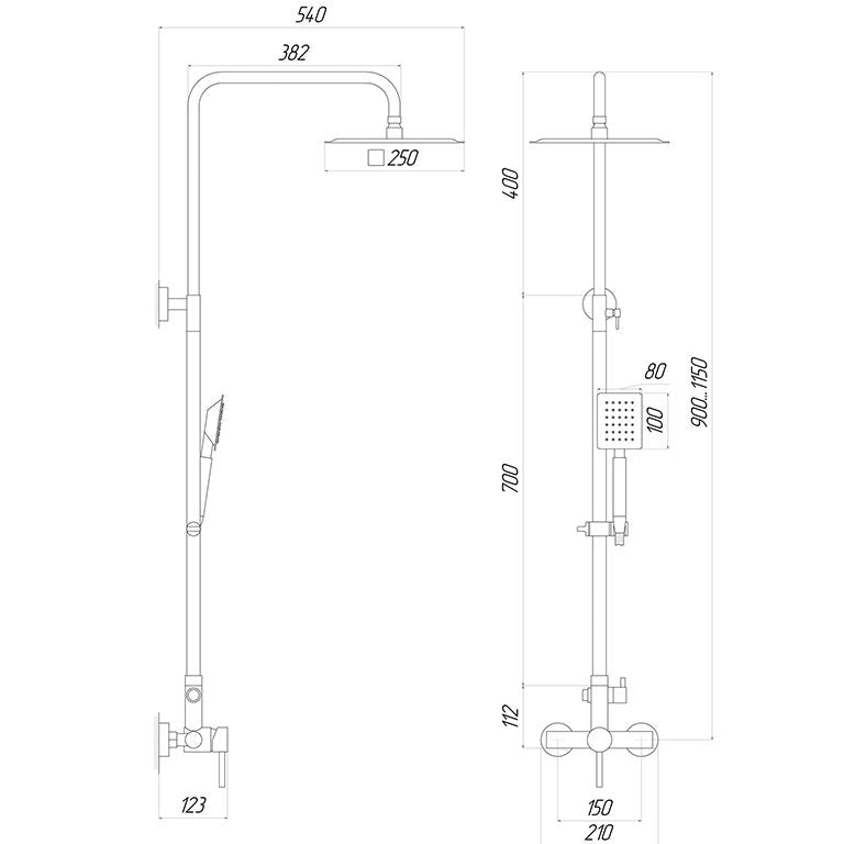 Душова система Globus Lux ALPEN SBT1-SQ-05-304 Нерж., ручна лійка SUS, Тропік SUS 250*250мм