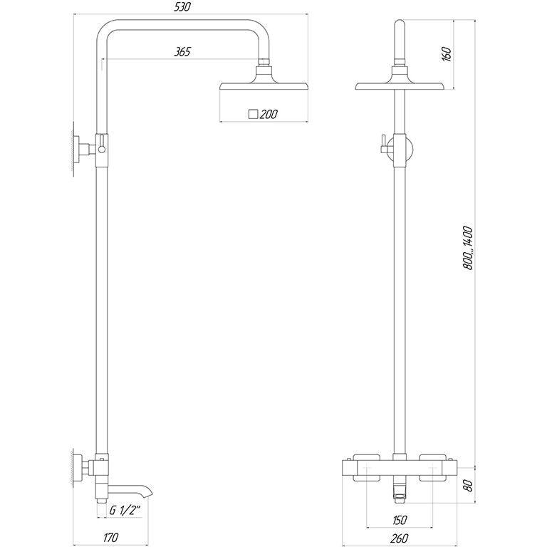 Душова система Globus Lux GLM-0041T-BB Termostatic Куб Штанга Круглая 1400мм, з виливом Чорний Мат.