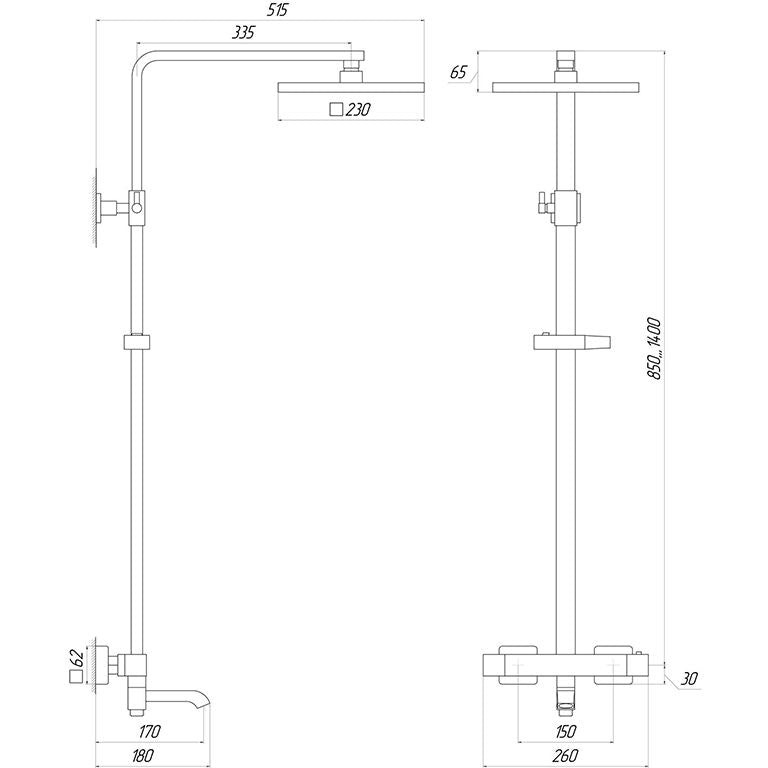 Душова система Globus Lux VAN-GLQ-0041T-BB Termostat, Штанга Куб 1400мм, з виливом Чорний Мат.