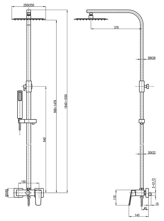 Душова система TOPAZ LEXI TL 21702-H57-BL без виливу, комплект Н-155см, Чорний