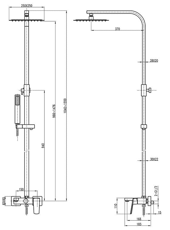 Душова система TOPAZ LEXI TL 21102-H57-BL з виливом, комплект Н-155см, Чорний