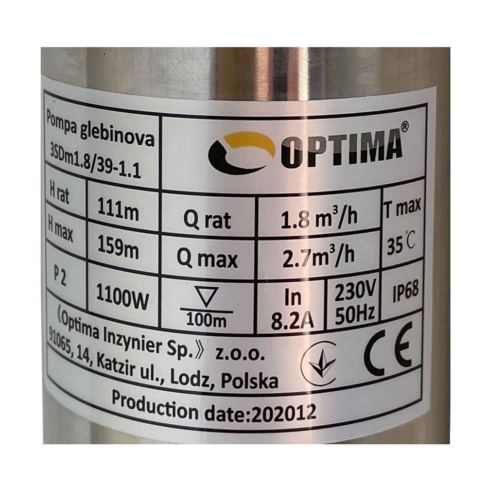 Насос свердловинний OPTIMA 3SDm1.8/39 1.1 кВт 159м + пульт + кабель 1,5м