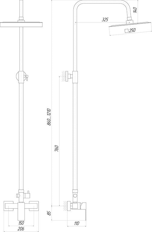 Душова система Globus Lux SICILIA SBQ-SH-105 Квадро Нержавійка, лійка 250х250mm, кругла трубка, Комплект